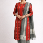 Nuapatna Ikat Red Kurti Set With Pant Churni (Unstitched), Handwoven Dress material , Made in Odishaah