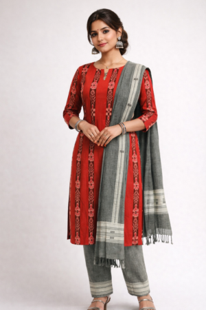 Nuapatna Ikat Red Kurti Set With Pant Churni (Unstitched), Handwoven Dress material , Made in Odishaah